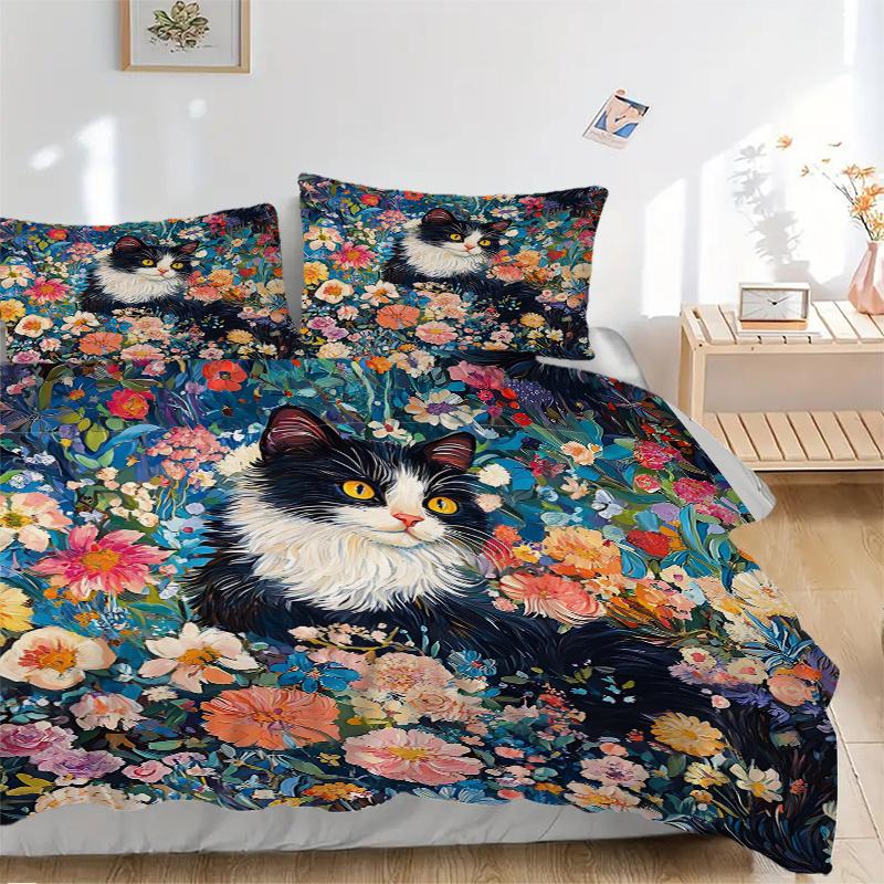 3pcs Colorful Garden Cat Print Cover Set Ultra Soft, Breathable, and Comfortable Bedding with Stylish Design for Bedroom and Guest Room Decor 1 C
