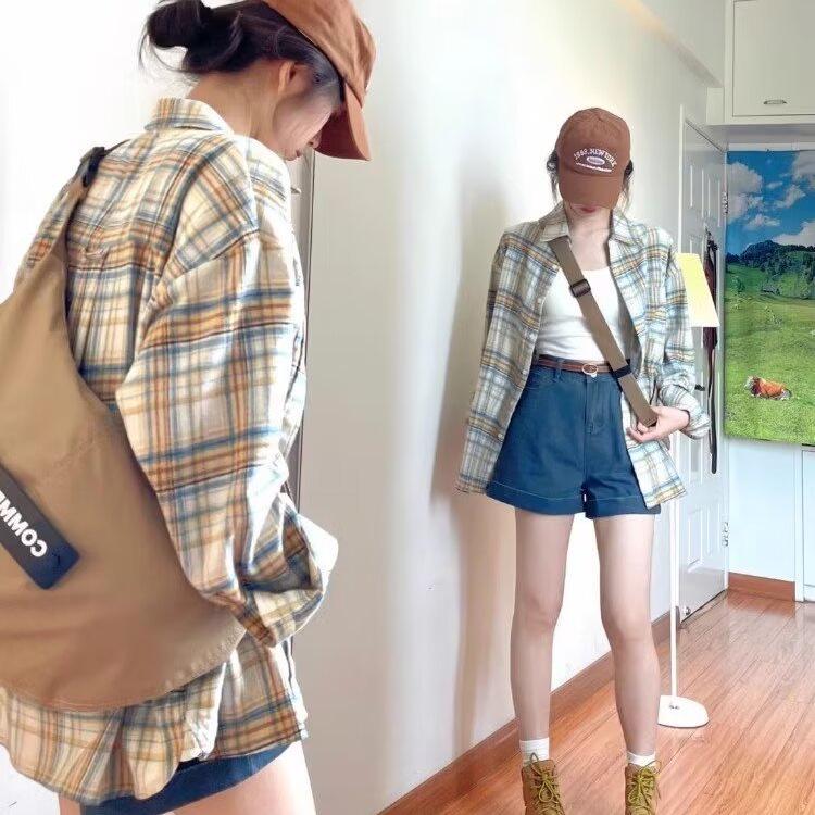 Damen Gelb Kariert Französische Jacke Bluse - Petite Größe, Langarm, Frühling/Herbst 2025