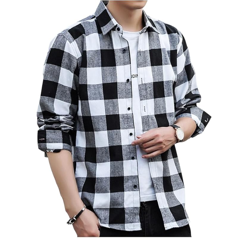 

[PAFHL] shirt men s check tops casual long sleeve spring autumn Thin short large size Fashionable adult simple Going out trip M-3XL (black white, M)
