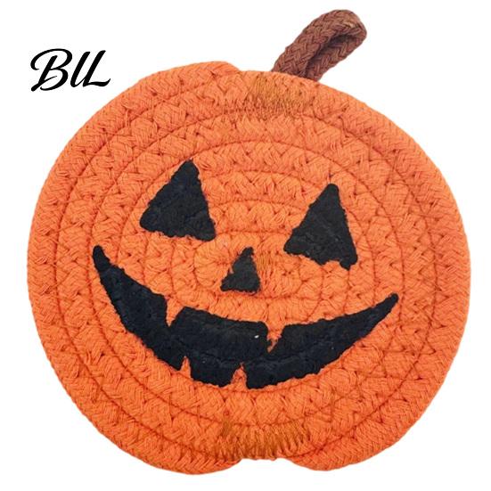 Halloween Kitchen Tableware Pumpkin Cotton Rope Coaster, Handwoven Placemat with Funny Face, Iron Reusable Drink Coasters Craft Table Mat for