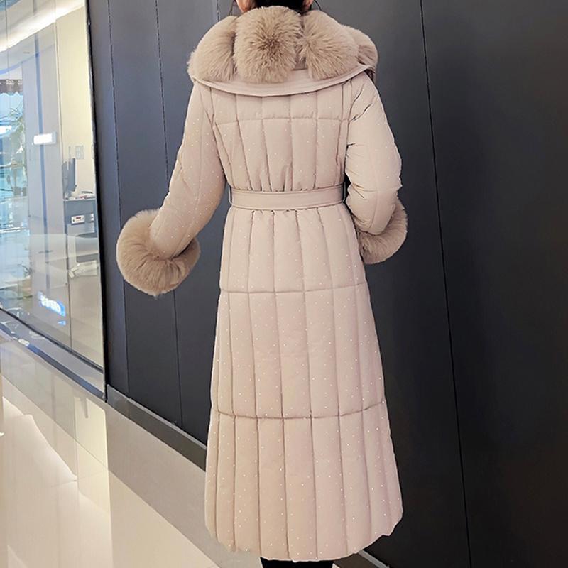 Móda nadměrné velikosti L-4XL Dámské zimní kabáty s páskem Velký límec z umělé kožešiny Dlouhé parky s kapucí Volné Silné Dámské bundy