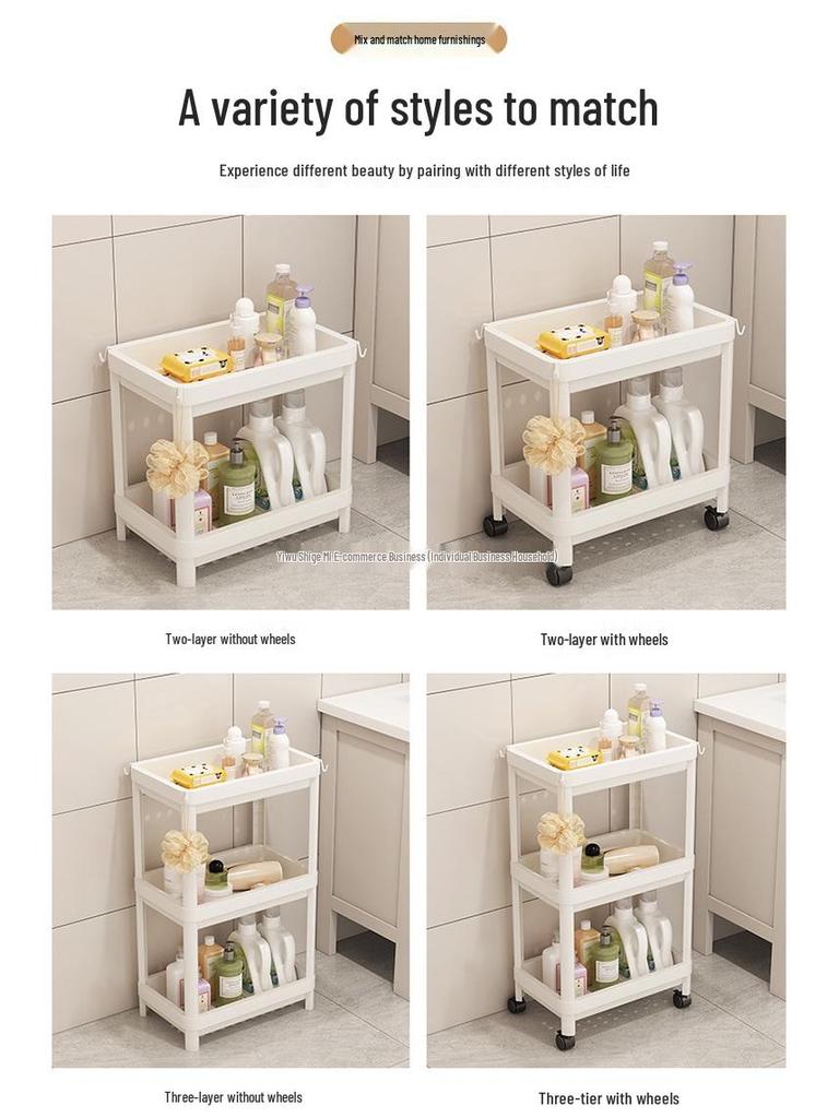 Vícepatrový koupelnový úložný vozík na kosmetiku a svačiny, stojící na podlaze