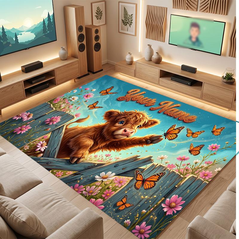 Floral Garden Theme Soft Crystal Velvet Rug Custom Name & Text Print Non Slip Floor Rug for Bedroom Living Room