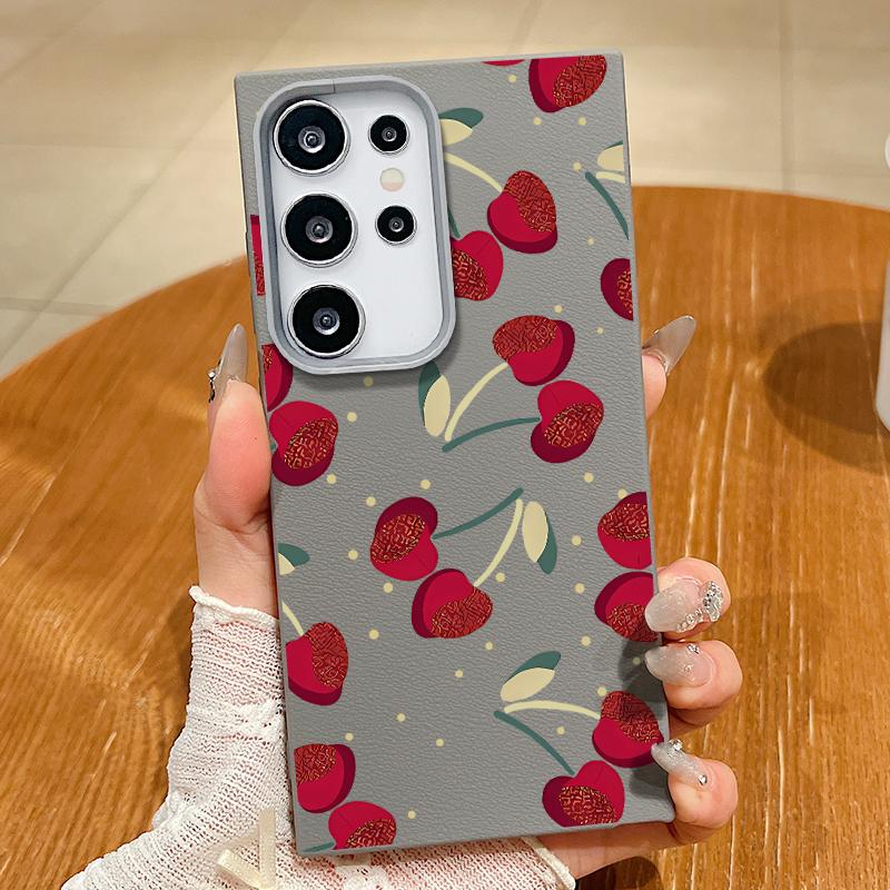 Cute Cherry Pattern TPU Leather Texture Slim Magnetic Case For Samsung S25 Ultra S24 FE S23 S22 S21 Wireless Charge Matte Shockproof Soft Phone Cover