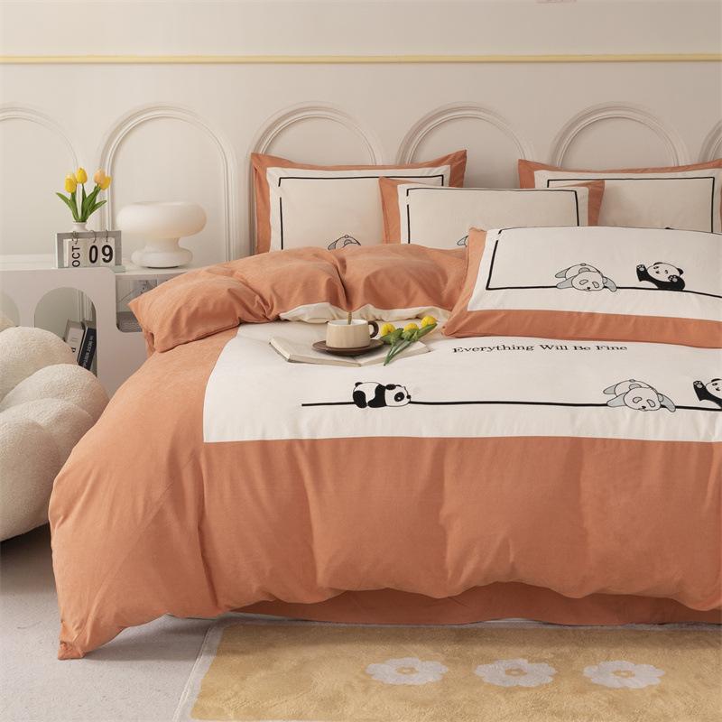 Leichte, luxuriöse Panda-Stickerei, große Ecke, passendes Bastelset, vierteiliges Set, Brokat-Baumwolle, hautfreundliches, weiches Bettlaken, Bettbezug, Bettwäsche