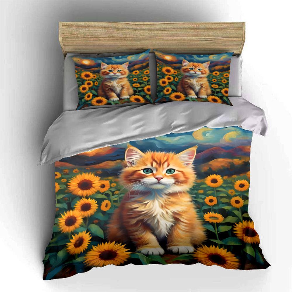 Cute Kitten In Sunflower Field Duvet Cover Set With 3D Printing Design Soft Polyester Bedding Set All-Season Comfort