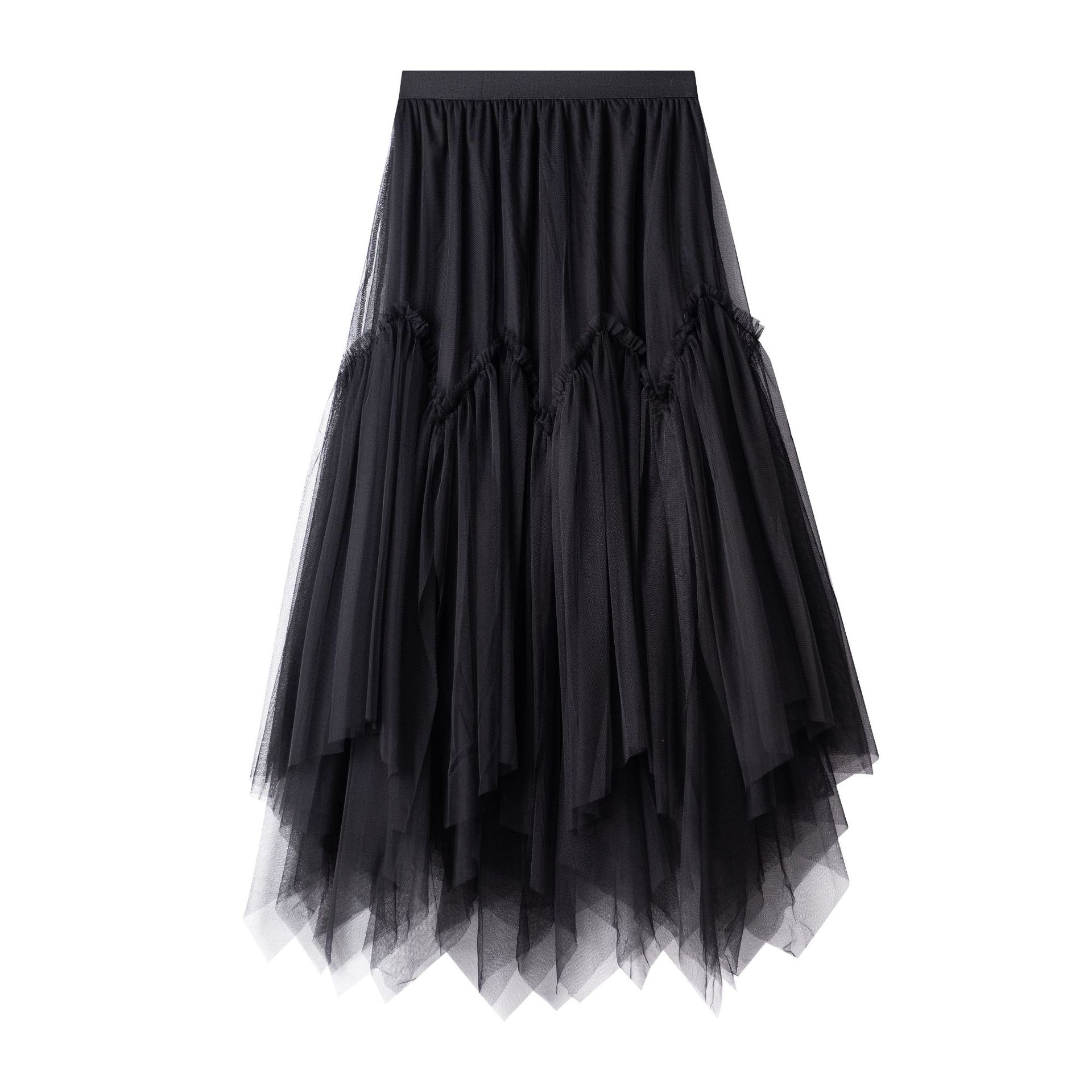 

2025 новая юбка с высокой талией, тонкая, средней и длинной, нерегулярной двухслойной сетчатой строчкой, женская пушистая юбка из пряжи One Size