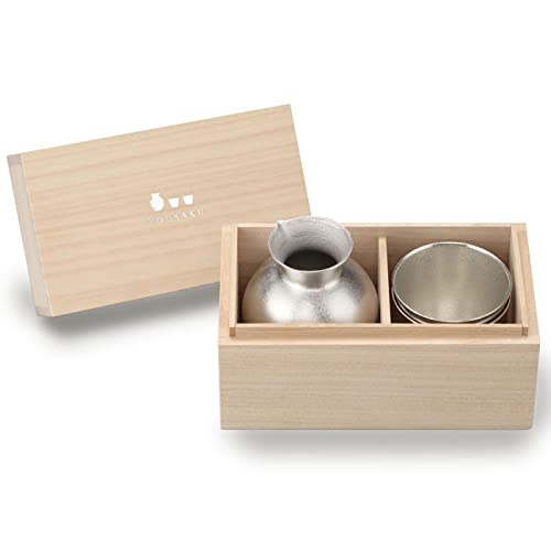 [Nousaku Washi Wrapping] Tin Sake Bottle + Tin Choko (Chocolate Sake Cup) X 2