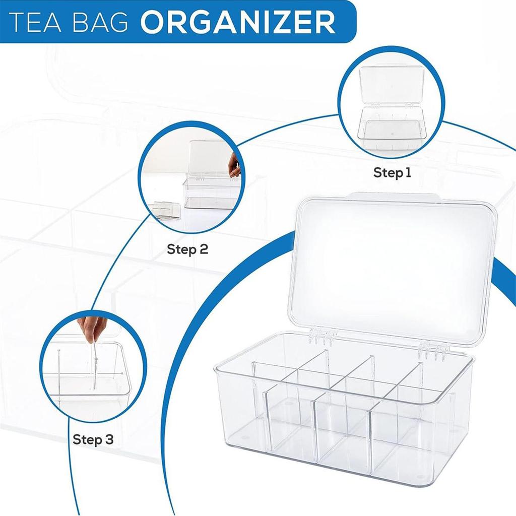 Tea Storage Organizer Clear Box With Removable Dividers Packet Storage Tea Bag Holder Organizer For Kitchen Cabinet Counter