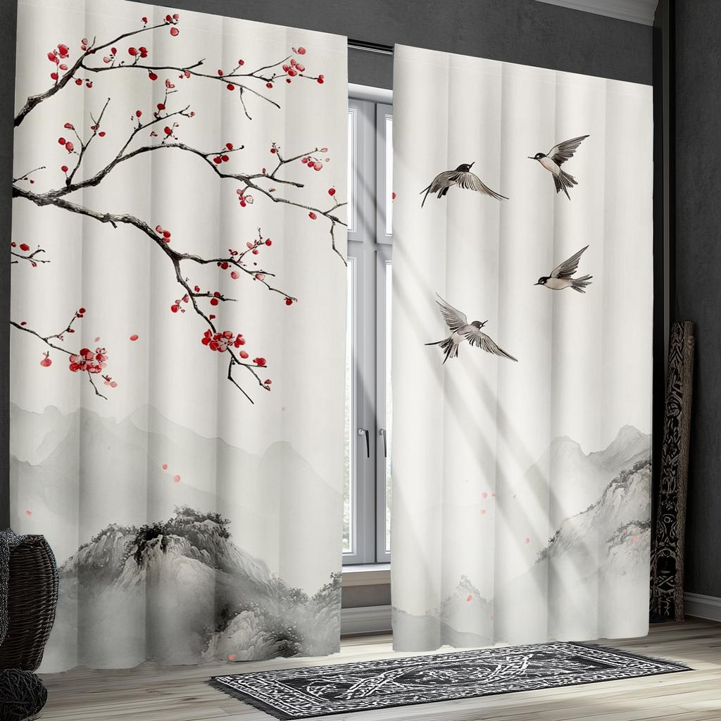 2pcs Classic Japanese Scenery Polyester Curtains   Mountain and Seagull Print Drapes for Living Room and Bedroom Decor