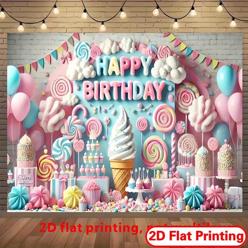 2D Sweet Candy Happy Birthday Backdrop Lollipop & Cupcake Photo Booth Background