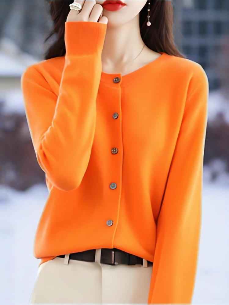 Knitted cardigan, round neck sweater, women's long-sleeved solid color all-match jacket, women's clothing