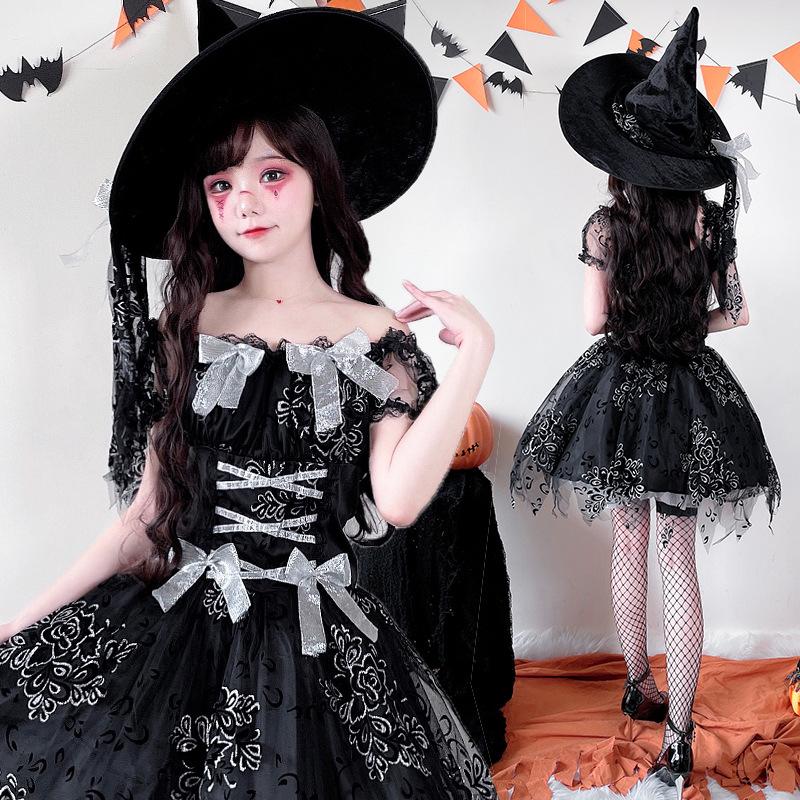 Halloweenský kostým Kostým čaroděje Tmavý duch Čarodějnice Síťovaná šaty Čarodějnický kostým Šaty čarodějnice
