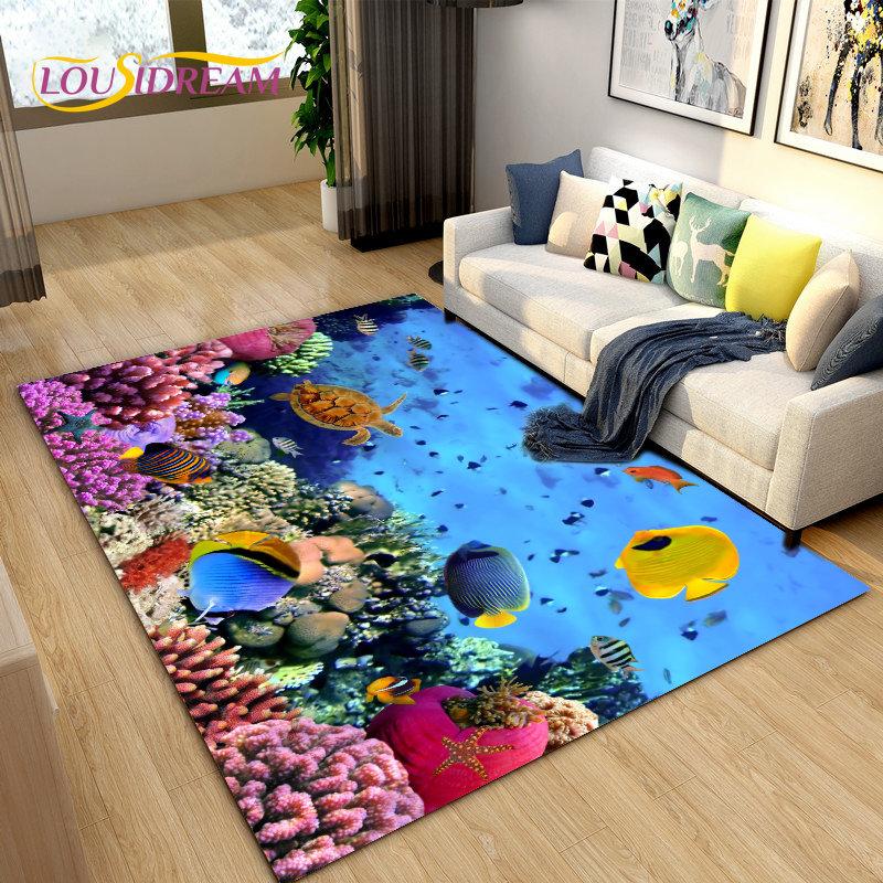 3D Underwater World Sea Turtle Dolphin Area Rug Large,Carpet Rug for Living Room Bedroom Sofa Doormat Kitchen,Non-slip Floor Mat