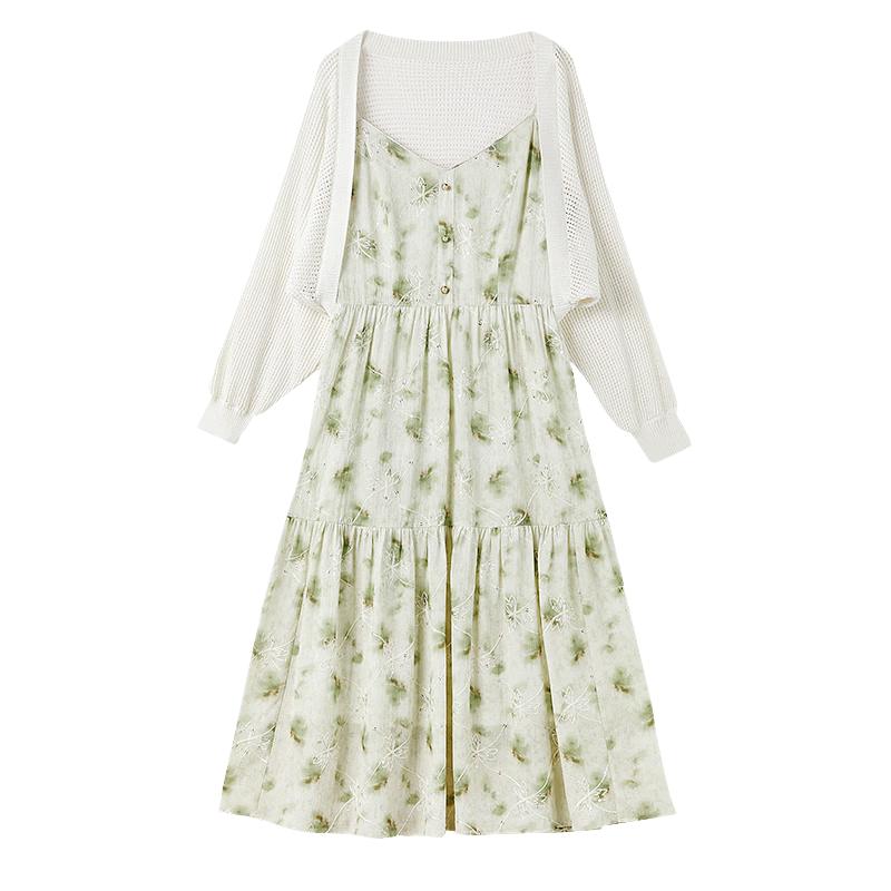 Women s Printed Suspender Dress and Long-Sleeve Cardigan Set M