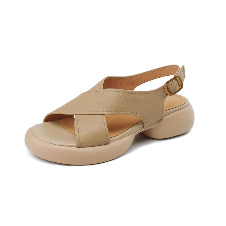 

Fashion NEW Summer Women Sandals Genuine Leather Shoes for Women Round Toe Thick Heel Shoes Csaual Band Platform Shoes Handmade Sandals 40 абрикосовый