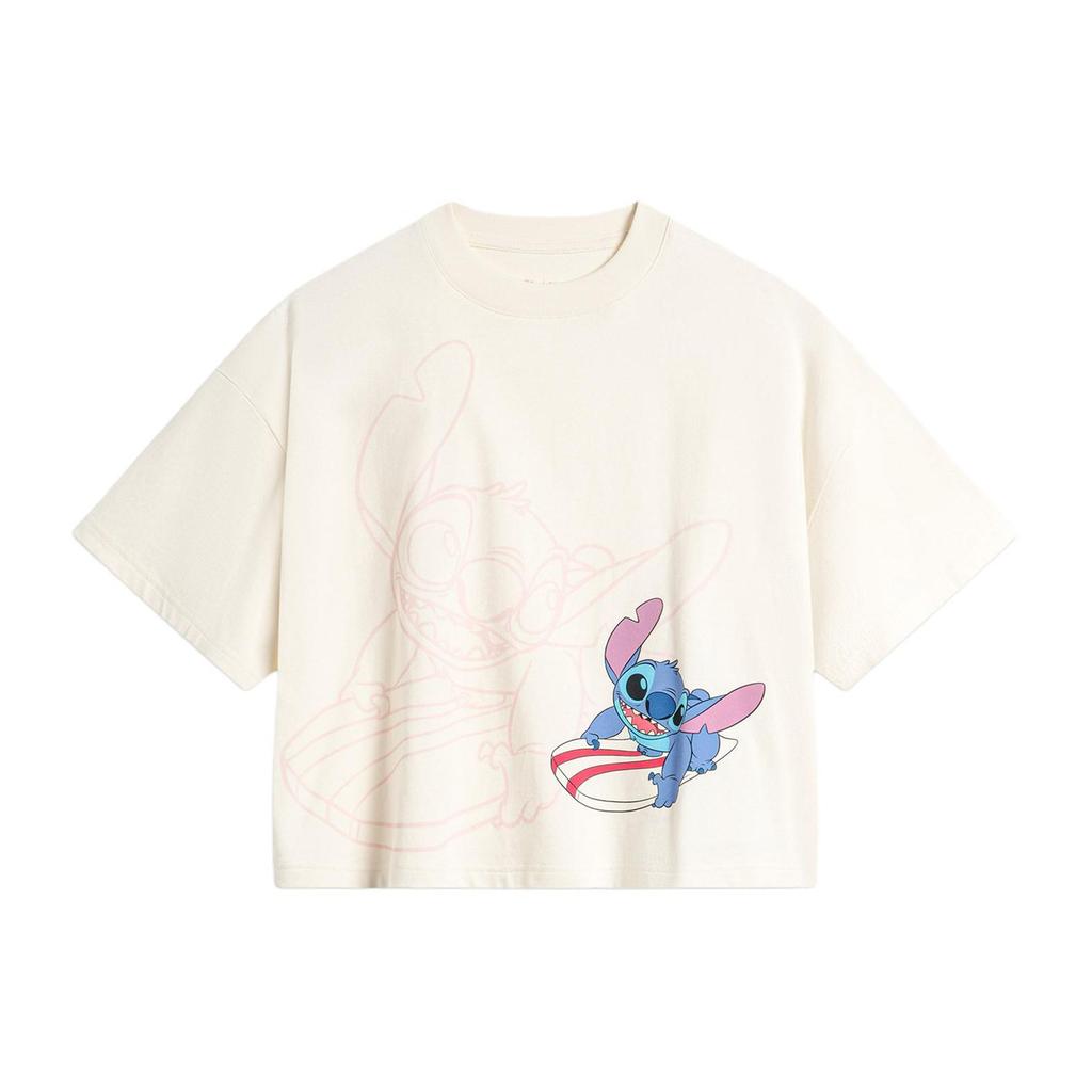Li Ning X Disney Collaboration Stitch Series Round Neck Pullover Casual Knit Sports Short Sleeve Drop Shoulder T-Shirt Women Tops Off-White ATSU162-5