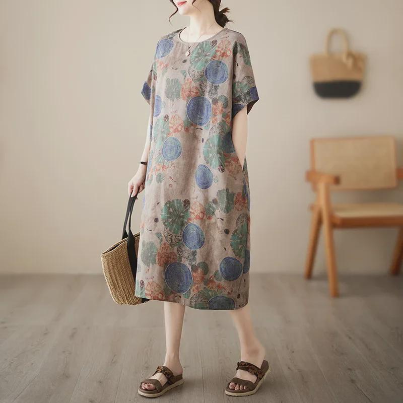 2023 Summer Plus Size Cotton Linen Print Dress - Retro Ethnic Style for Women