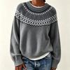Womens Oversized Knit Sweater With Fair Isle Round Neck Long Sleeve Loose Fit Fall Winter Casual Top