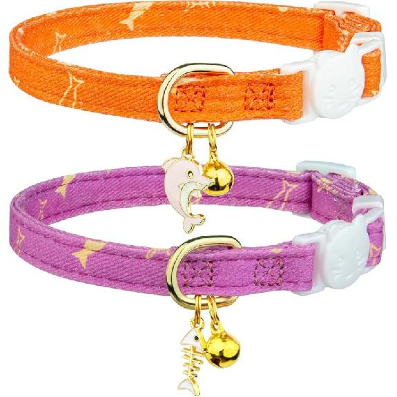 2 Pack Cotton Breakaway Cat Collar Pink Strawberries and White Heart Shaped Pendant Cute Kitten Cat Collar with Bell