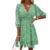 Women's Cute Floral Ruched V Neck Floating Sleeves Three-quarter Sleeve Sundress Casual Spring Summer Dress