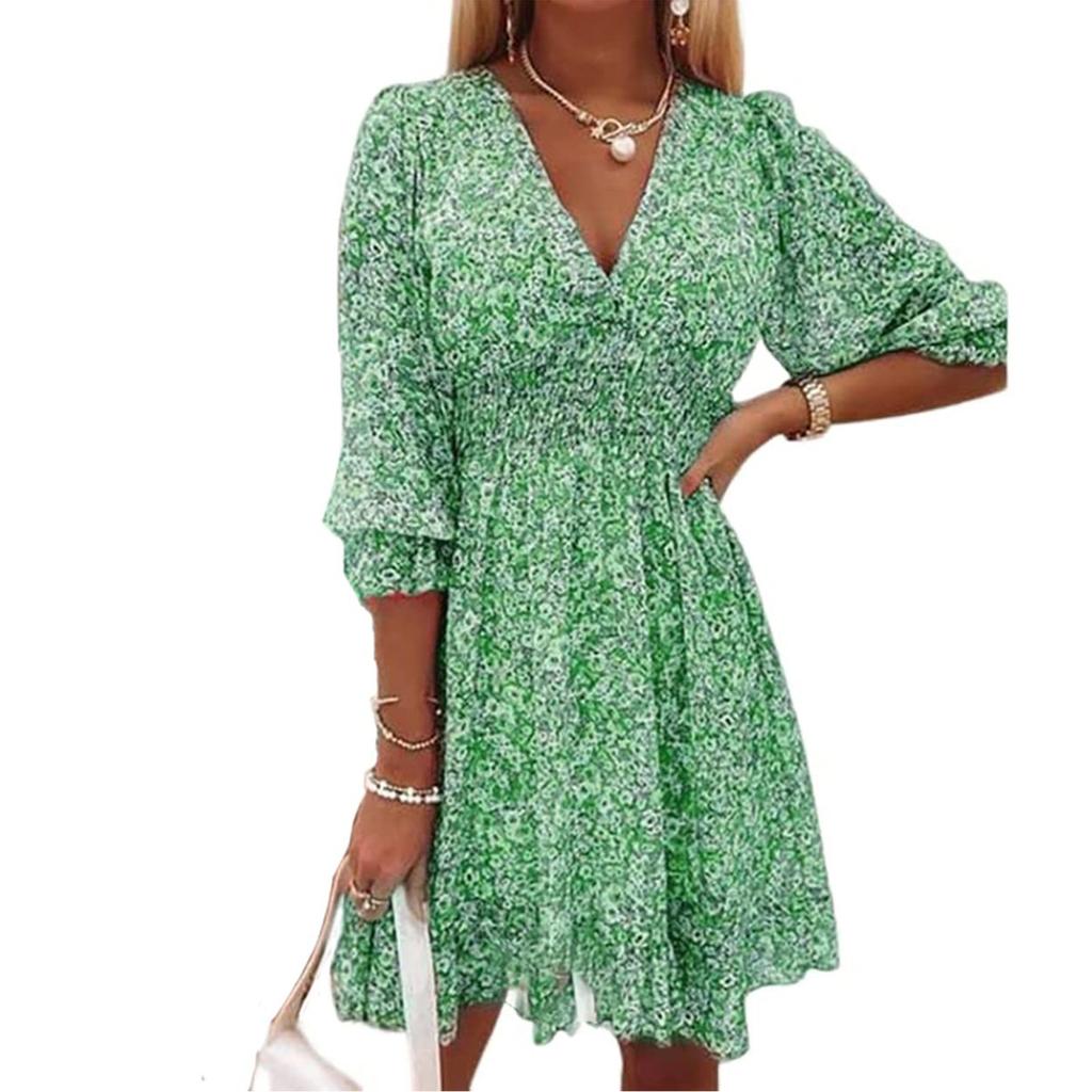 Women's Cute Floral Ruched V Neck Floating Sleeves Three-quarter Sleeve Sundress Casual Spring Summer Dress