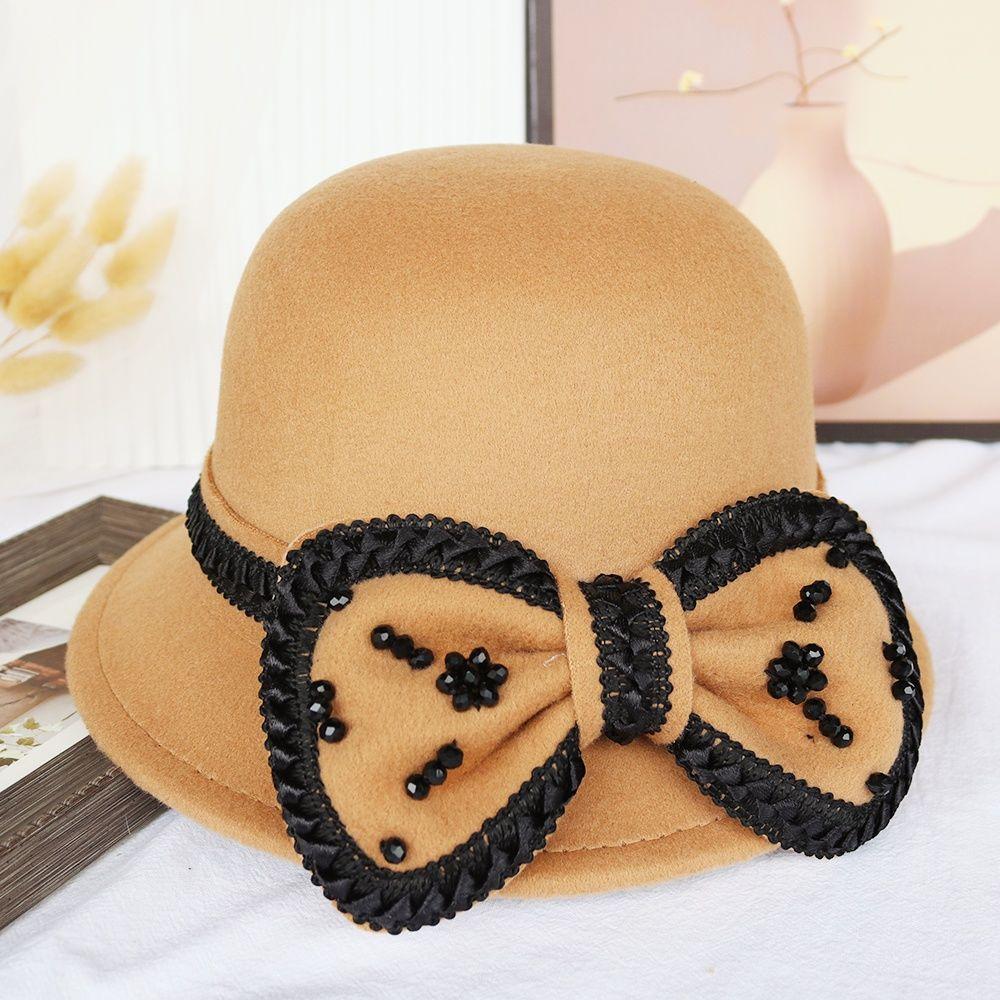 Bow Autumn and Winter Ladies Hat Wool Fashion Winter Top Hat Basin Hat Bucket Hat British Retro
