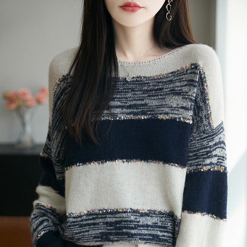 Dámský pletený svetr s kulatým výstřihem a barevným blokovým pruhem ve velkých velikostech - Dlouhý rukáv, volný střih na podzim/zimu.