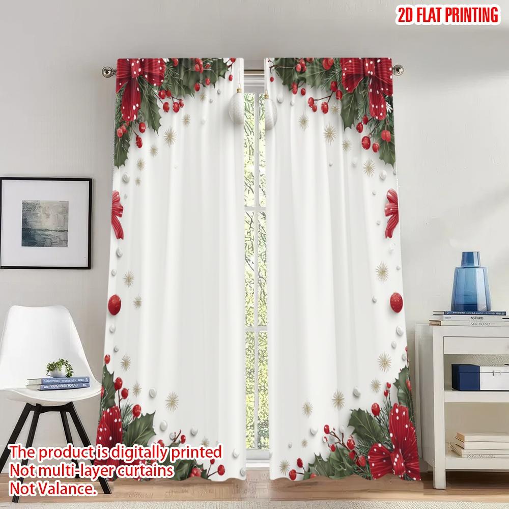 

Set Of 2 Flat Printing Popular Christmas Curtains Holly Bow Ornaments Digital Printed Polyester Drapes Spring Use Curtain W100*H70(CM)-Rod Pocket&1PCS