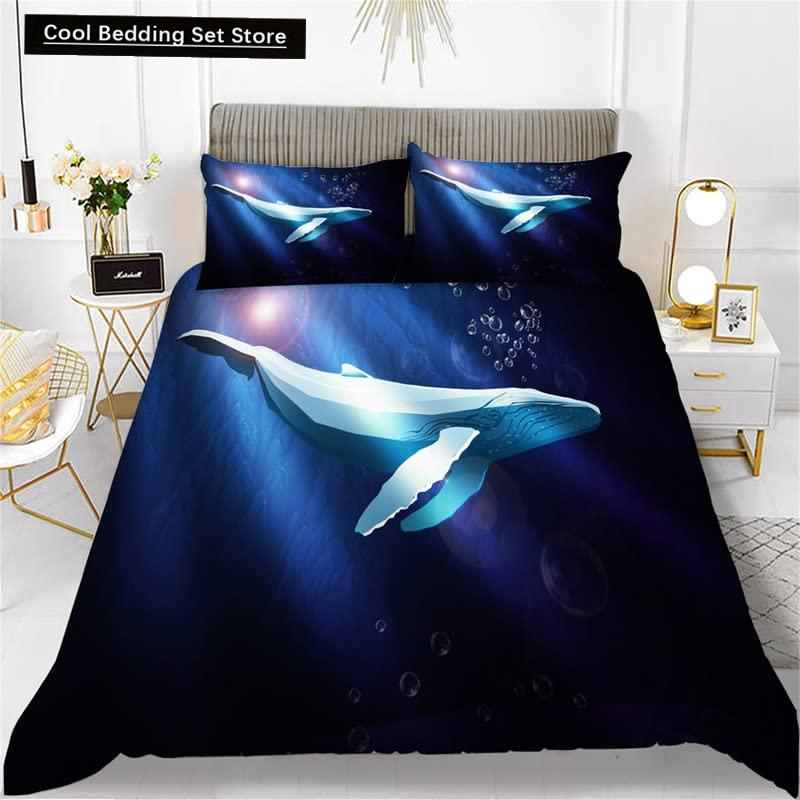 Whales King Queen Duvet Cover Ocean Animal Bedding Set Seaweed Starfish Marine Life Quilt Cover Blue Polyester Comforter Cover
