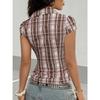 Women Plaid Print Button Down Shirt Short Sleeve Slim Fit Casual Blouse