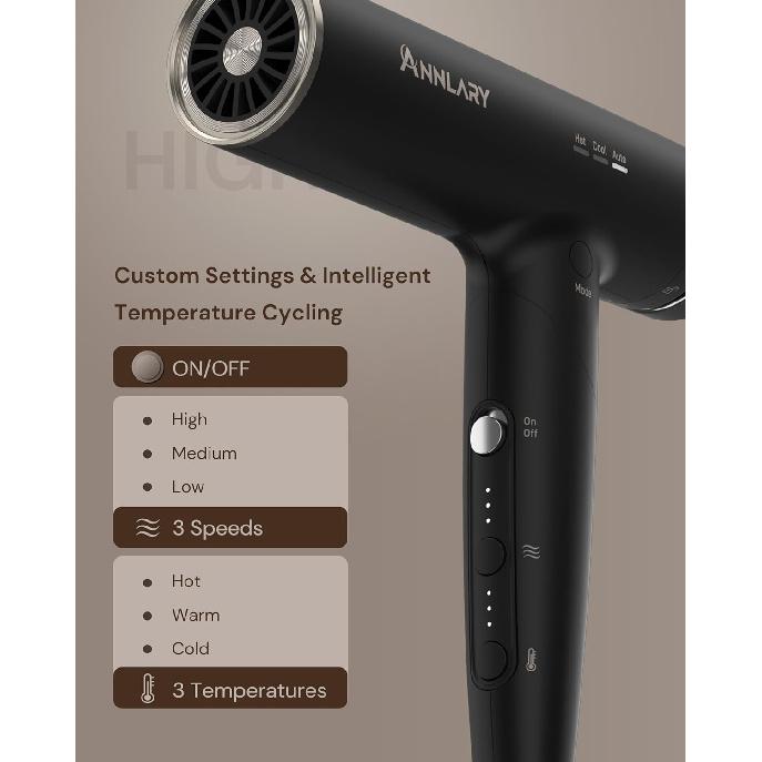 Plasma Ion Hair Dryer with Diffuser for Curly Hair, 110000 RPM Professional High Speed Blow Dryer with Plasma Ion, 1500W Foldable Travel Hairdryer