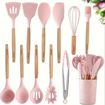 1 -Piece Kitchen Cooking Utensils Set With Holder, Silicone Kitchen Tools Include Spatula Tong Slotted Spoon Turner Whisk Brush, Wooden Handle Kitche
