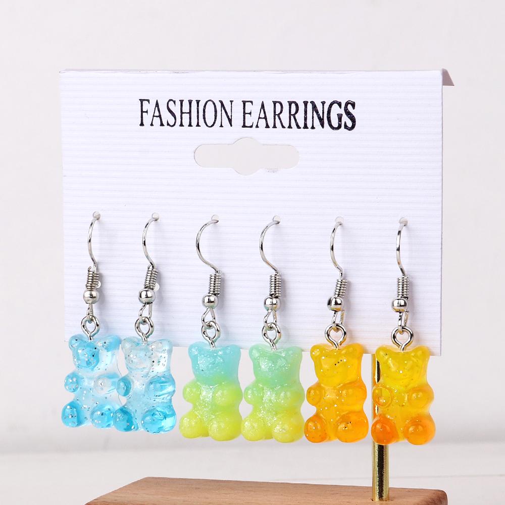3 Pairs/Set Candy Color Acrylic Gummy Bear Drop Earrings for Women Korean Transparent Resin Jelly Bears Earring Sets Y2k Jewelry