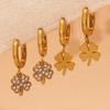 Qiong Yao 5A Zircon Four-Leaf Clover Pendant & Flower Ear Studs Hoops, PVD Gold-Plated Titanium Steel Jewelry.