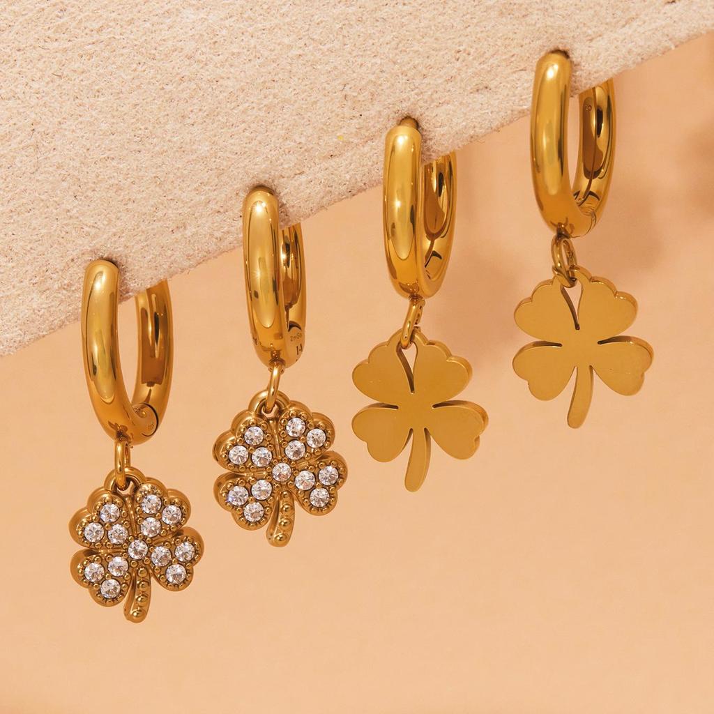 Qiong Yao 5A Zircon Four-Leaf Clover Pendant & Flower Ear Studs Hoops, PVD Gold-Plated Titanium Steel Jewelry.