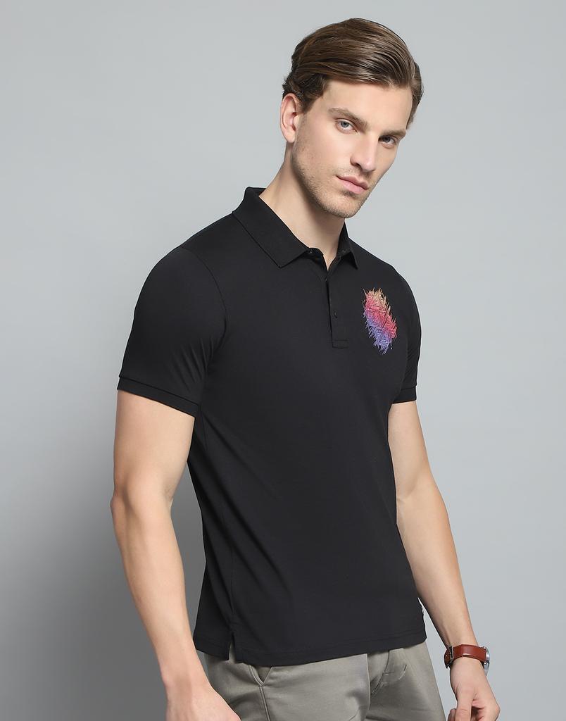 Monte Carlo Mens Printed Black Collar Neck Half Sleeve T-Shirt