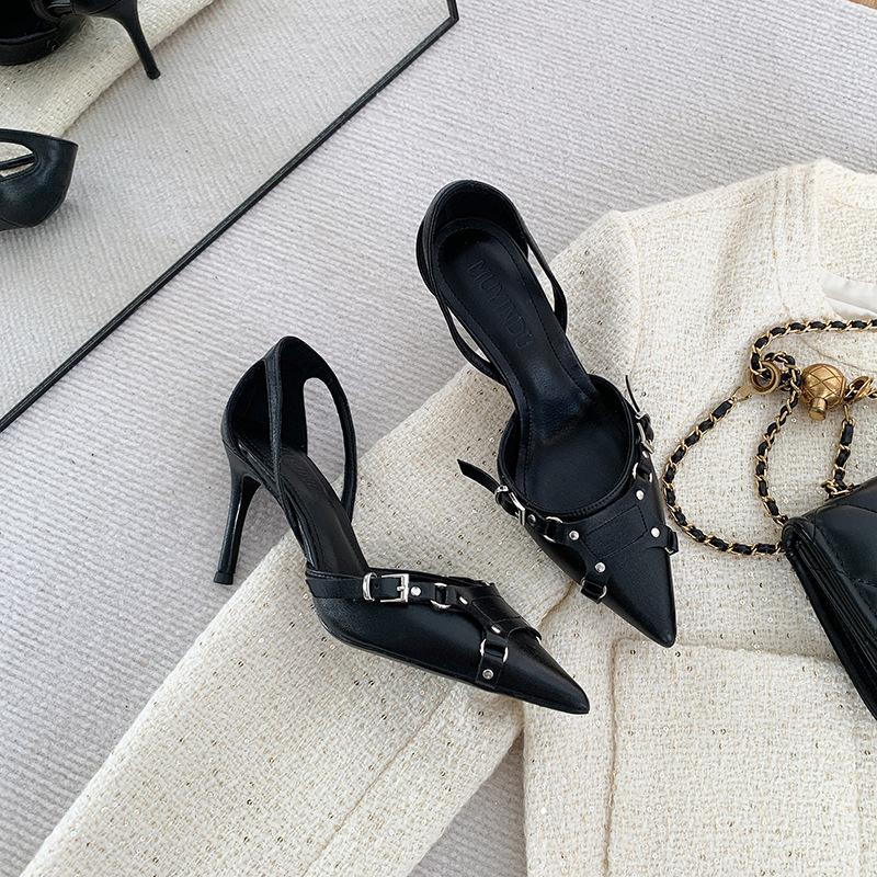 

L120 new model not tired feet retro sexy thin heel large size black pointed fashion high heels single shoes 43