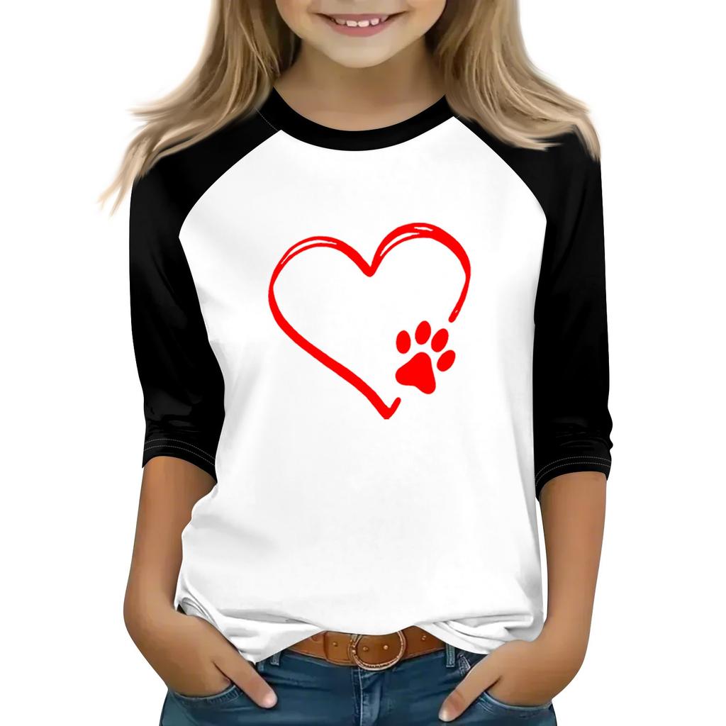 Toppar för unga flickor 4-16 år Rund hals 3/4 ärm T-shirts Trendiga toppar Outfit T-shirts