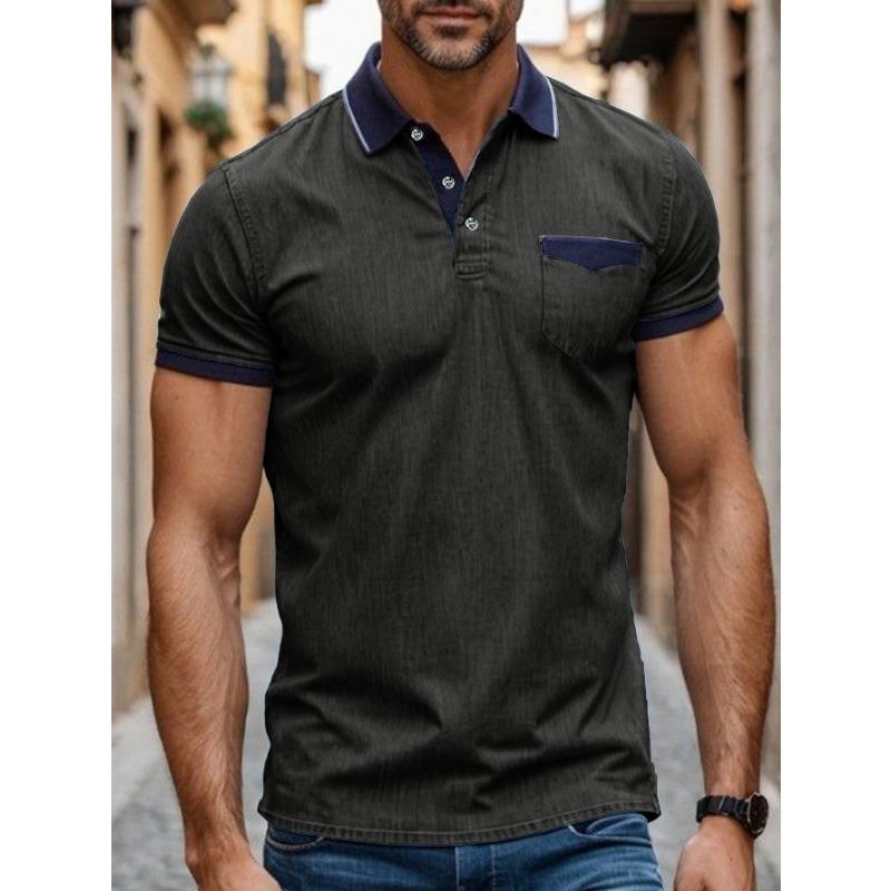 Summer Vintage Polo-neck Casual Fashion Short Sleeve T-shirt Male Patchwork Denim Tee Pullover Top Men