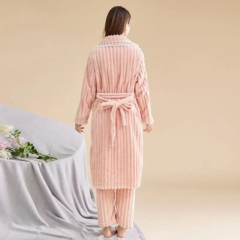 Coral Fleece Thickening for Warmth Can Worn Outside Loungewear Set Fine Fleece Autumn Winter Ms. Night Gown Bathrobe Long Sleeve