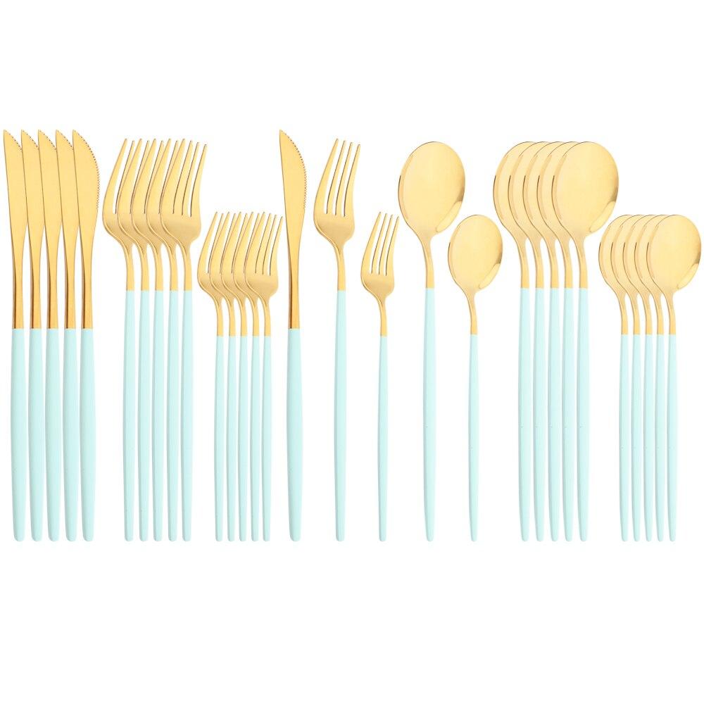 Mirror Dinnerware Set Stainless Steel 30Pcs Black Gold Tableware Knife Fork Spoon Dinner Set Cutlery Spoon Dessert Flatware Set