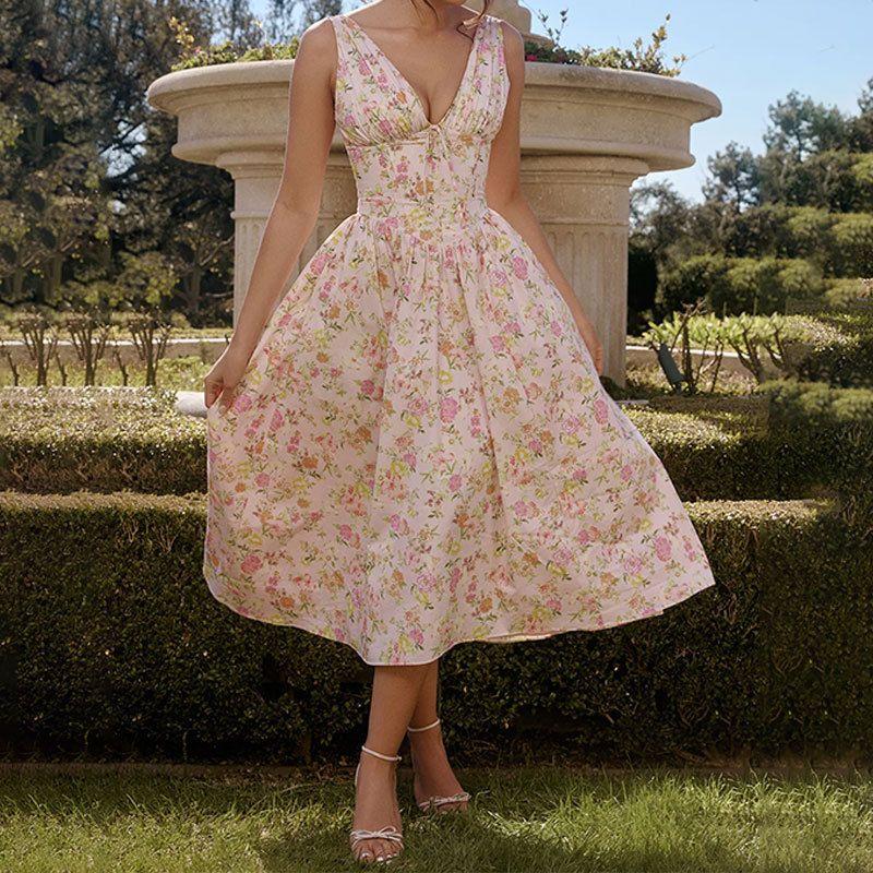 

2025 Темпераментное платье-сарафан с принтом и открытой спиной Pink Print 3XL