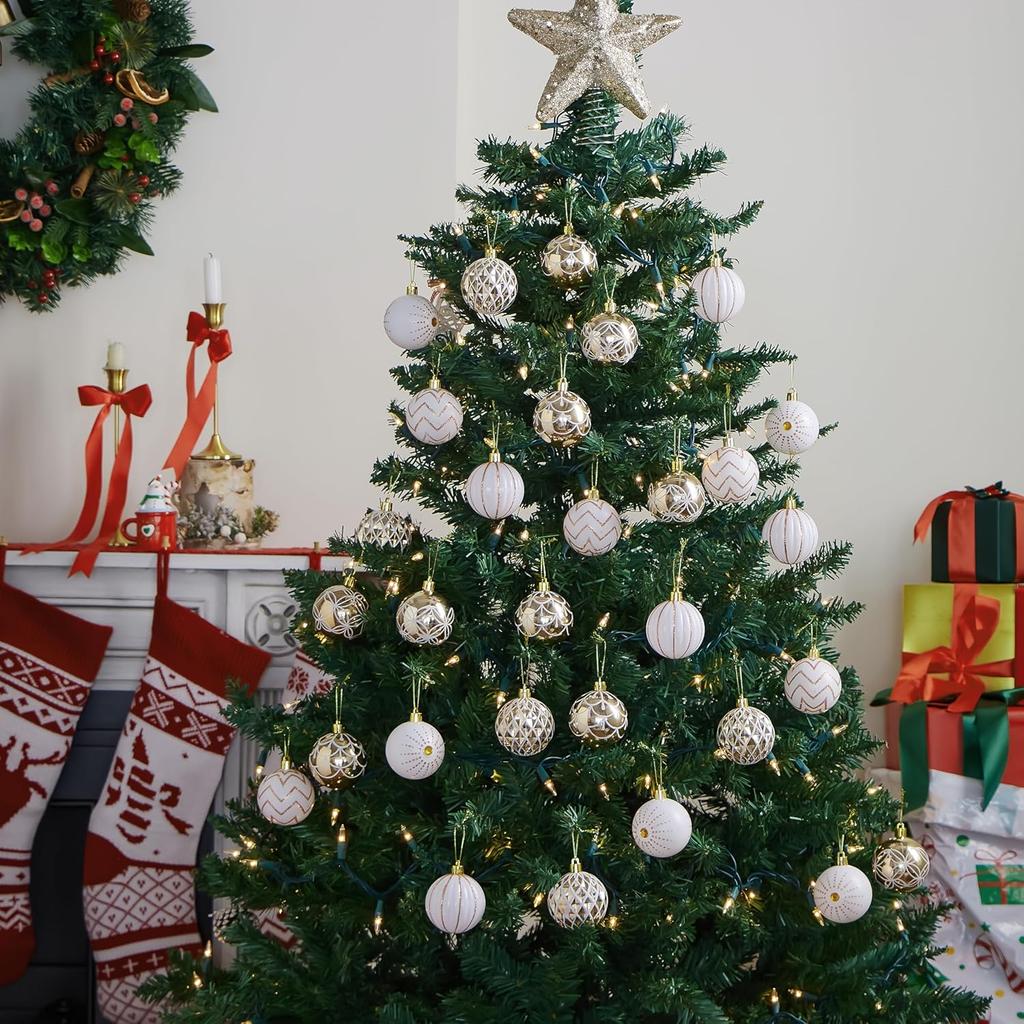 JOYFY 30 Pcs 2.36'' Christmas Balls Ornaments Gold & White Assorted Christmas Hanging Ornaments for Xmas Tree Wreath Party