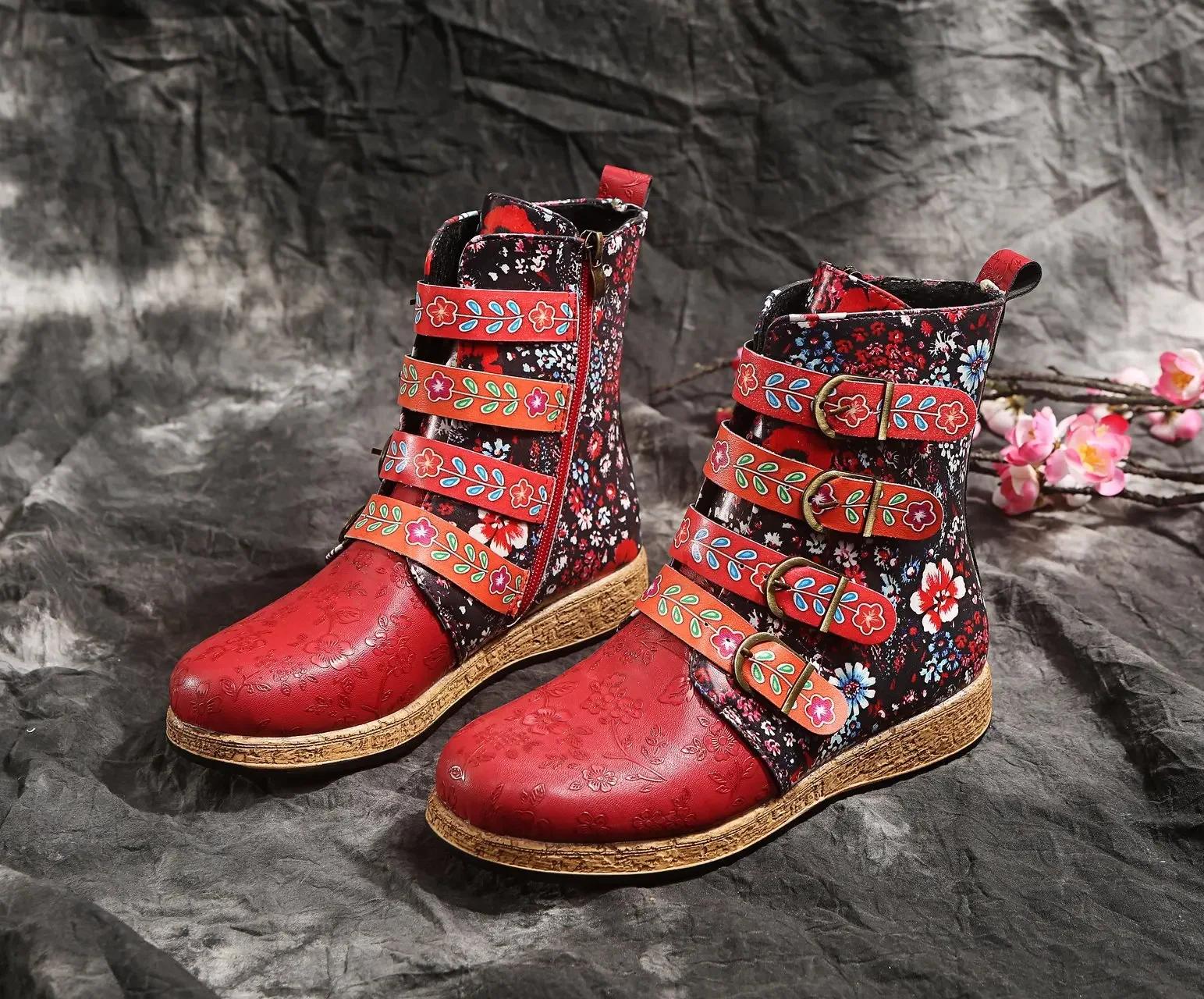 

Женские ботильоны, осенние, новые, в стиле ретро, этнические, с металлической пряжкой, мягкие кожаные, с молнией, короткие ботинки, обувь Botines Mujer 42 красный