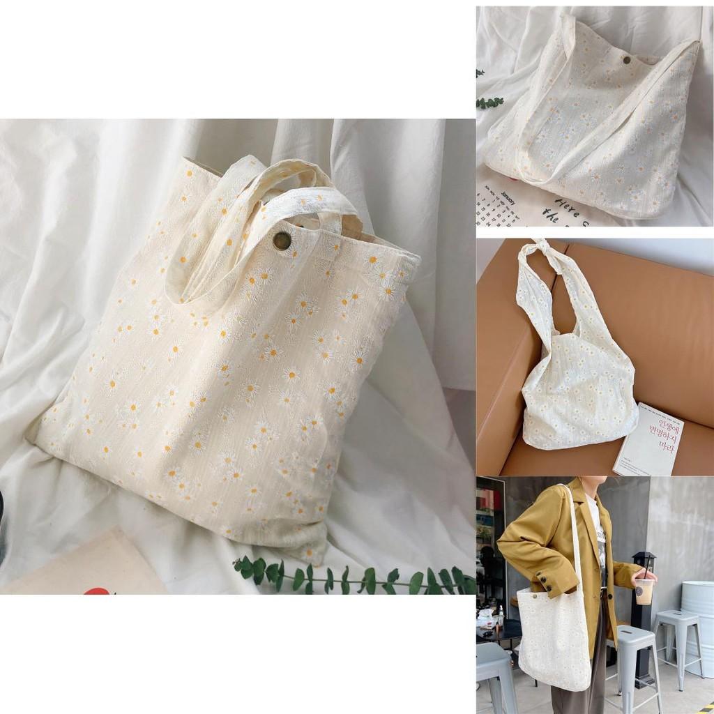 Chic Fresh Daisy Canvas Shoulder Bag For Women Soft And Sweet Cotton Linen Tote Bag