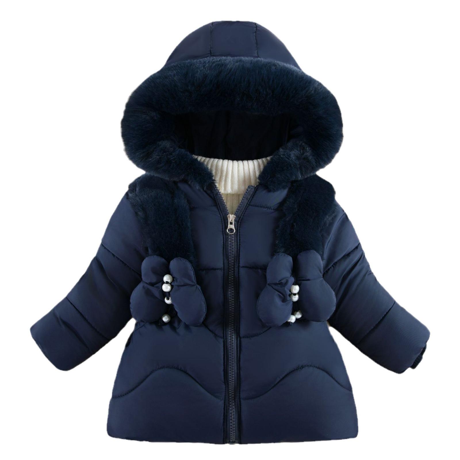 

Зимние куртки для девочек, утепленные детские пуховики, новая хлопковая одежда с капюшоном, детская мода, парки с меховым воротником 90 cm темно-синий