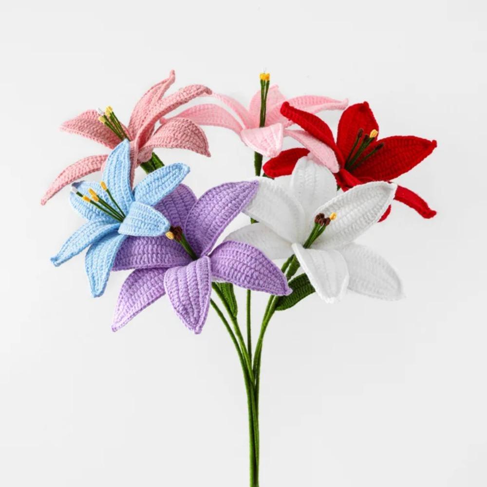 1Pcs Crochet Lily Flowers Creative Hand-knitted Flower Bouquet Wedding Party Home Decor