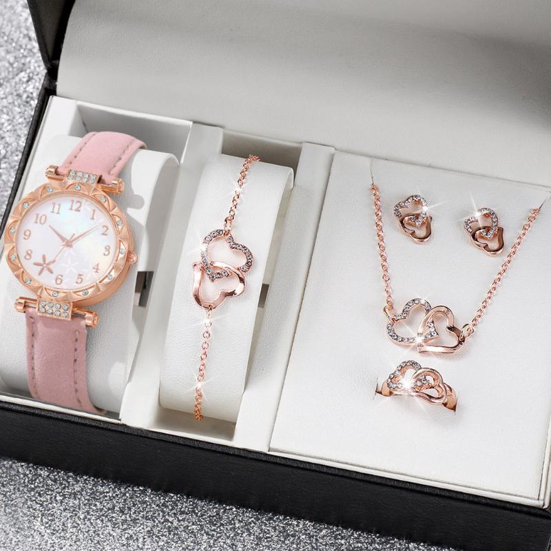 6 Peças/Conjunto Relógio Feminino Moda Flores Pulseira de Couro Relógios Analógicos de Quartzo Conjunto de Joias Borboleta(Sem caixa)