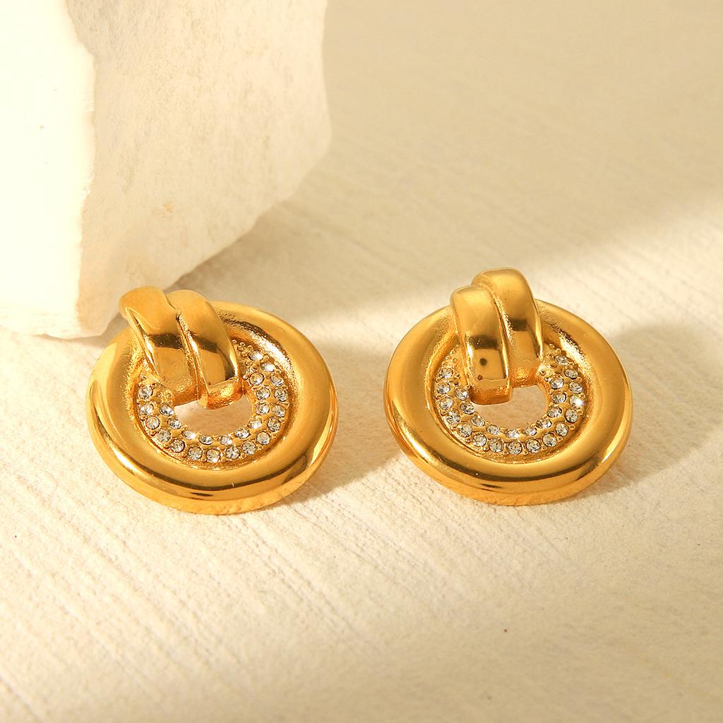 18k Gold Plated Earrings, Stylish Women's Ins Fashion Versatile Diamond-studded Earrings, Titanium Steel Round Jewelry